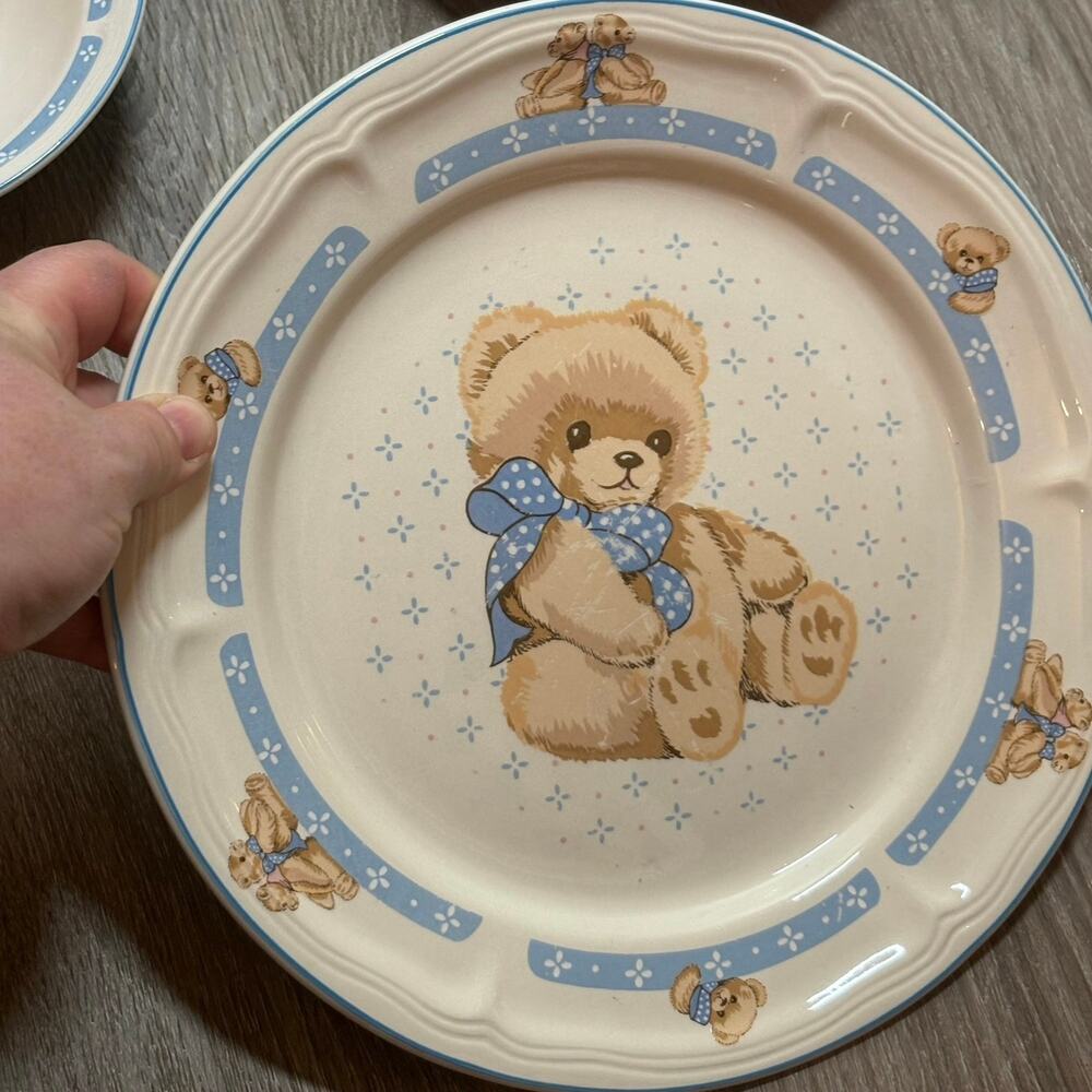 Vintage Tienshan Country Bear Teddy Stoneware 4 Pc Set Grannycore Blue Bow - Picture 2 of 8